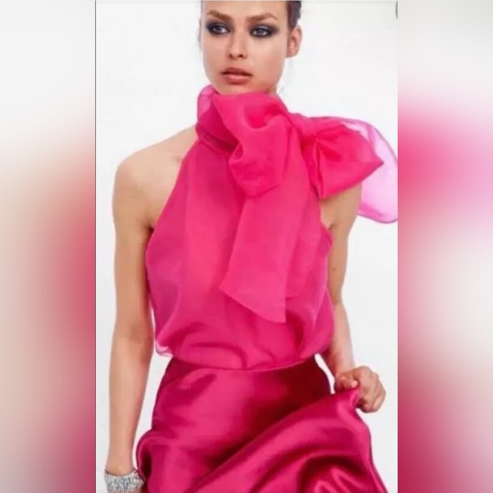 ZARA PINK ORGANZA BOW Organza BLOUSE TOP SIZE BLOGGERS FAVOURITE Xl